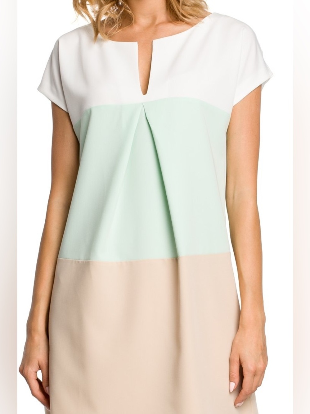 Colorblock Shift/Trapeze Dress by MOE- Made of Emotion in White Mint Beige Med